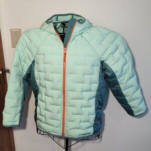 Land's End 2-tone green hooded puffer jacket, Exc. to like new used cond., S 6-8